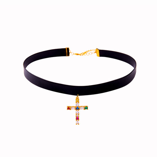 KISS ME Exquisite Colorful Zircon Religious Style Cross Choker Necklace
